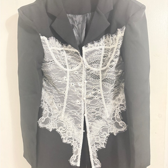 Black Blazer Dress with White Lace corset detail - Picture 3 of 3